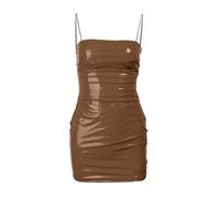 Vestido ajustado de látex con tirantes delgados para mujer, vestido ajustado y fruncido de corte bajo para fiesta de club, caqui, S