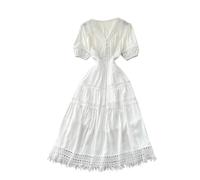 Vestido ajustado de moda para mujer, manga corta abombada, cuello en V, encaje dulce empalmado, estilo francés, vacaciones, calle, borlas, delgados, blanco, L