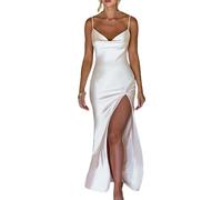 Vestido Ajustado de satén para Mujer Vestido Largo con Tirantes Finos y Cuello Vuelto Vestido Largo de Fiesta sin Espalda con Abertura Alta-A-Blanco-S