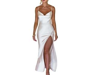 Vestido Ajustado de satén para Mujer Vestido Largo con Tirantes Finos y Cuello Vuelto Vestido Largo de Fiesta sin Espalda con Abertura Alta-A-Blanco-M