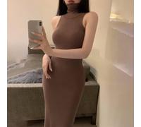 Vestido ajustado sin mangas para mujer, cuello alto, ajustado, vestido de tubo largo, elástico, básico, fiesta, club, noche, salir, color sólido, casual, vestido de verano (L marrón)
