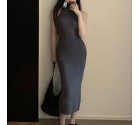 Vestido ajustado sin mangas para mujer, cuello alto, ajustado, vestido de tubo largo, elástico, básico, fiesta, club, noche, salir, color sólido, casual, vestido de verano (XL gris)