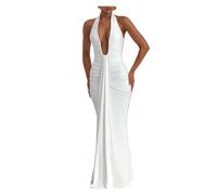 Vestido Ajustado Vestido Largo Sexy con Escote en V Profundo, drapeado y Fruncido for Mujer, de Verano, sin Mangas, Cuello Halter Espalda Descubierta for Fiesta Club, Elegante(White,S)