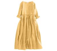 Vestido Algodón Y Lino Mujer Talla Grande Holgados Baggy Vestido Largo Mujer Comodos Y Elegantes Otoño Verano Formales Playa Ceremonia Long Dress (Yellow, XL)