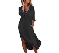 Vestido Algodón Y Lino Mujer Talla Grande Manga Larga Cuello en V Baggy Holgados Vestidos Largos Mujer Elegantes Y Comodos Otoño Verano Formales Playa Ceremonia Long Dress (Black, XXL)