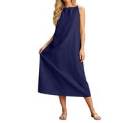 Vestido Algodón Y Lino Mujer Tallas Grandes Holgados Baggy Vestidos Largos Mujer Comodos Elegantes Otoño Verano Formales Playa Ceremonia Long Dress (Navy, XL)