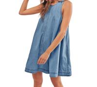 Vestido Babydoll De Mezclilla Sin Mangas para Mujer Minivestido Camisero De Mezclilla con Bolsillos Corte En A Vestido De Verano Fluido con Aberturas Vestido De Verano para Vacaciones Uso Diario Azu