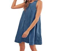 Vestido Babydoll De Mezclilla Sin Mangas para Mujer Minivestido Camisero De Mezclilla con Bolsillos Corte En A Vestido De Verano Fluido con Aberturas Vestido De Verano para Vacaciones Uso Diario Azu