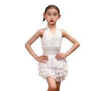 Vestido Baile Latino Niña Cuello en V Sin Mangas Profesional Tango Salsa Rumba Samba Disfraz,Blanca,130