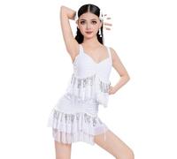 Vestido Baile Latino Niña Profesional Flecos Salsa Tango Falda Práctica Competición Traje Escenario,Blanca,120