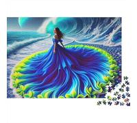 Vestido Belleza 1000 Piezas Puzzle Adultos Dama en Vestido Azul con Olas del Mar Desafiante Difícil Premium Grueso Robusto Vibrante Alivio Estrés 38x26cm/1000pz