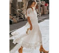 Vestido Blanco Ahuecado Vestido Largo De Encaje De Mujer Sexy Cruzado Semi-Transparente Escote En V Manga Corta Vestido Maxi De Encaje-Blanco,M