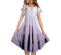 Vestido Blanco NiñA-Vestido Informal De Verano para NiñA, con Cuello Redondo, Mangas Abullonadas Y Degradado De Color, Corte A, Transpirable, CóModo Y Divertido, para Fiestas De CumpleañOs