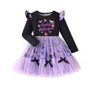 Vestido blanco para niña 173, vestido de Halloween para niña, falda tutú de malla con estampado de murciélagos, con mangas de dibujos animados y lazo para un atuendo informal de fiesta, edad 1-8 años