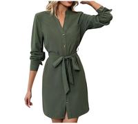 Vestido blusa de manga larga para mujer, largo hasta la rodilla, con botones, cuello en V, vestido camisero, línea A, vestido informal con cinturón, Verde militar., S