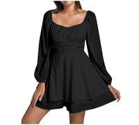 Vestido Boheme Mujer Manga Larga Vestido Verano Mujer Cuello en V Plisado Chic Y Elegantes Mediados Largos Volantes Casual Línea A Color Sólido Elasticidad Fluido Cómodo Corte Holgado Swing Dress para