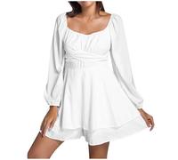 Vestido Boheme Mujer Manga Larga Vestido Verano Mujer Cuello en V Plisado Chic Y Elegantes Mediados Largos Volantes Casual Línea A Color Sólido Elasticidad Fluido Cómodo Corte Holgado Swing Dress para