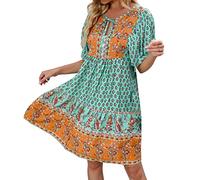 Vestido bohemio para mujer, vestido con estampado floral para mujer, manga redonda, casual, mini verano, azul, M