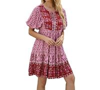 Vestido bohemio para mujer, vestido con estampado floral para mujer, manga redonda, casual, mini verano, rosa, M
