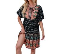 Vestido bohemio para mujer, vestido con estampado floral para mujer, manga redonda, casual, mini verano, Negro, M