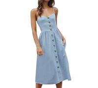 Vestido Bohemio Sexy con Tirantes Finos para Mujer, Vestido Veraniego Informal de Verano, Vestido de Playa con Espalda Descubierta y Botones, Talla Grande 4XL-Azul-M