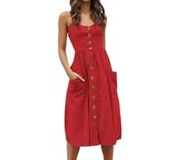 Vestido Bohemio Sexy con Tirantes Finos para Mujer, Vestido Veraniego Suelto Informal de Verano, Vestido de Playa con Espalda Descubierta y Botones para Mujer, Talla Grande 4XL-Rojo-M