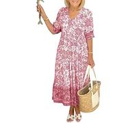 Vestido Boho con Cuello en V, Vestido de Playa de Verano Floral, Vestido Casual de Mujer 2024 (Red,3XL)