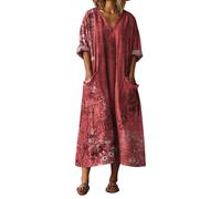 Vestido Boho Mujer Verano Lino Largo Cuello V Manga 3/4 Estilo Vintage Hippies Estampado Étnico Vestidos Playeros Sueltos Talla Grande Casual Dresses Ropa con Bolsillos de Fiesta Elegantes 2026