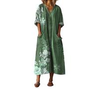 Vestido Boho Mujer Verano Lino Largo Cuello V Manga 3/4 Estilo Vintage Hippies Estampado Étnico Vestidos Playeros Sueltos Talla Grande Casual Dresses Ropa con Bolsillos de Fiesta Elegantes 2026