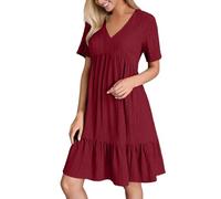 Vestido Boho Mujer Verano-Vestido Camisero Informal De Manga Corta con Cuello En V Y Botones De Color Liso para Mujer
