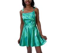 Vestido bonito para mujer, vestido de látex brillante, con tirantes holográficos metálicos, tirantes, clubwear en A, plisado, peto, vestido de playa, vestido de playa, verde, M
