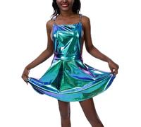Vestido bonito para mujer, vestido de látex brillante, con tirantes holográficos metálicos, tirantes, clubwear en A, plisado, peto, vestido de playa, vestido de playa, azul, M