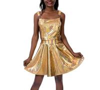 Vestido bonito para mujer, vestido de látex brillante, con tirantes holográficos metálicos, tirantes, clubwear en A, plisado, peto, vestido de playa, vestido de playa, dorado, S