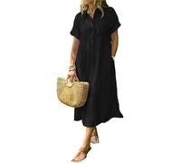 Vestido camisero a rayas con solapa y botones y bolsillos funcionales, vestido largo casual de verano, Negro, L