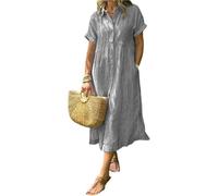Vestido camisero a rayas con solapa y botones y bolsillos funcionales, vestido maxi camisero casual de verano (gris, L)