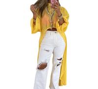 Vestido Camisero Ajustado de Moda para Mujer con Mangas abullonadas y bajo asimétrico. Vestido Camisero de Cuello Alto y bajo asimétrico ceñido a la Cintura. (Amarillo,S)