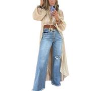 Vestido Camisero Ajustado de Moda para Mujer con Mangas abullonadas y bajo asimétrico. Vestido Camisero de Cuello Alto y bajo asimétrico ceñido a la Cintura. (Beige,XXL)
