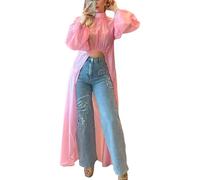 Vestido Camisero Ajustado de Moda para Mujer con Mangas abullonadas y bajo asimétrico. Vestido Camisero de Cuello Alto y bajo asimétrico ceñido a la Cintura. (Rosa,S)