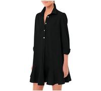 Vestido camisero casual de manga larga para mujer con volantes, Negro , L