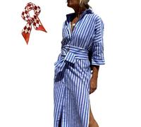 Vestido camisero clásico a rayas con cordones para mujer, manga 3/4, botones y cinturón, vestido camisero con abertura, azul, S
