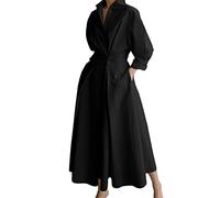 Vestido Camisero con Solapa Vintage de Manga Larga para Mujer Elegante Vestido Largo de Una Línea Suelta Vestidos Casual de Color Sólido con Bolsillos Negro S