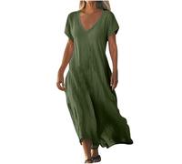 Vestido camisero de algodón y lino con cuello en V para mujer, vestido largo casual de cintura alta para verano, D01 Verde, S