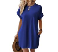 Vestido Camisero de Manga Corta, Vestidos de Verano de Manga Corta para Mujer con Bolsillos Vestido Camisero Liso Simple con Bolsillos (Medium,Blue)
