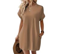 Vestido Camisero de Manga Corta, Vestidos de Verano de Manga Corta para Mujer con Bolsillos Vestido Camisero Liso Simple con Bolsillos (Large,Khaki)
