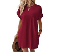 Vestido Camisero de Manga Corta, Vestidos de Verano de Manga Corta para Mujer con Bolsillos Vestido Camisero Liso Simple con Bolsillos (Large,Red)