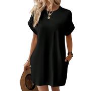 Vestido Camisero de Manga Corta, Vestidos de Verano de Manga Corta para Mujer con Bolsillos Vestido Camisero Liso Simple con Bolsillos (Small,Black)