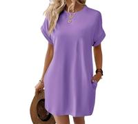 Vestido Camisero de Manga Corta, Vestidos de Verano de Manga Corta para Mujer con Bolsillos Vestido Camisero Liso Simple con Bolsillos (XX-Large,Purple)