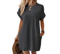 Vestido Camisero de Manga Corta, Vestidos de Verano de Manga Corta para Mujer con Bolsillos Vestido Camisero Liso Simple con Bolsillos (XX-Large,Gray)