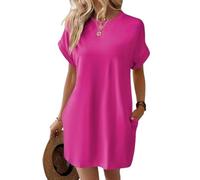 Vestido Camisero de Manga Corta, Vestidos de Verano de Manga Corta para Mujer con Bolsillos Vestido Camisero Liso Simple con Bolsillos (Large,Rose)