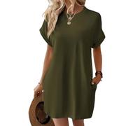 Vestido Camisero de Manga Corta, Vestidos de Verano de Manga Corta para Mujer con Bolsillos Vestido Camisero Liso Simple con Bolsillos (Large,Green)